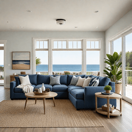 Denim blue sectional sofa with seagrass area rug in coastal living room