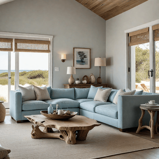Light blue linen sofa with driftwood coffee table in coastal living room