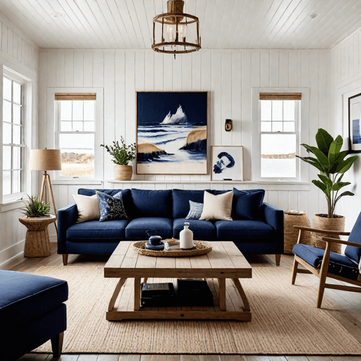 Navy sectional sofa in coastal living room with white shiplap walls