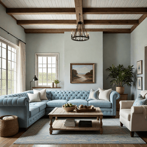 Powder blue Chesterfield sofa under weathered wood ceiling beams in coastal living room