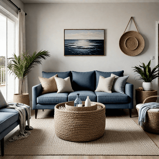 Steel blue sofa with jute rope baskets and natural fiber accessories in coastal living room