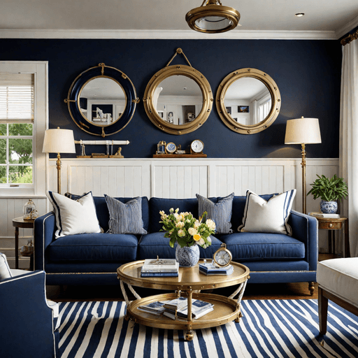 Blue and white striped sofa with rope details in nautical coastal living room