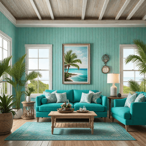 Turquoise loveseat against whitewashed wood paneling in coastal living room
