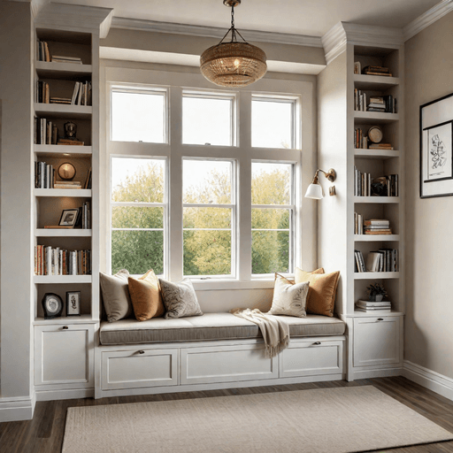Cozy built-in reading nook with cushions and bookshelves in living room