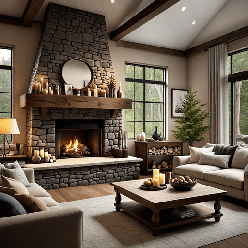 Cozy living room centered around realistic stone fireplace with comfortable seating