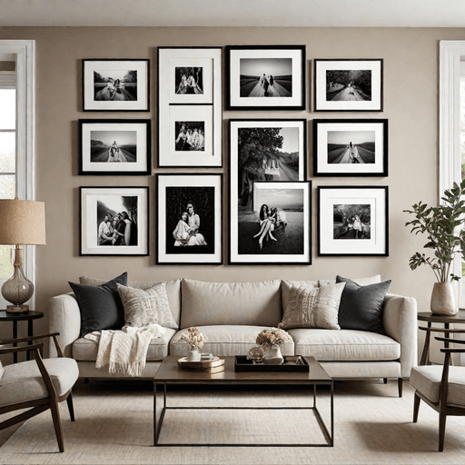 Cozy living room with gallery wall featuring framed family photos and artwork