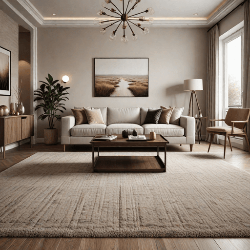 Cozy living room with large plush area rug in neutral tones