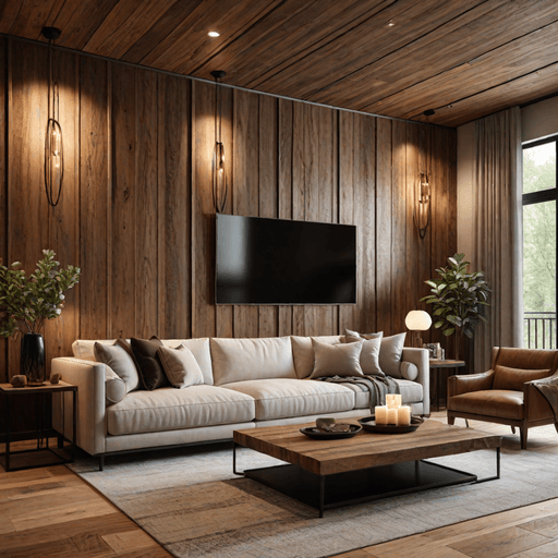 Cozy living room with textured accent wall featuring wood paneling or stone veneer
