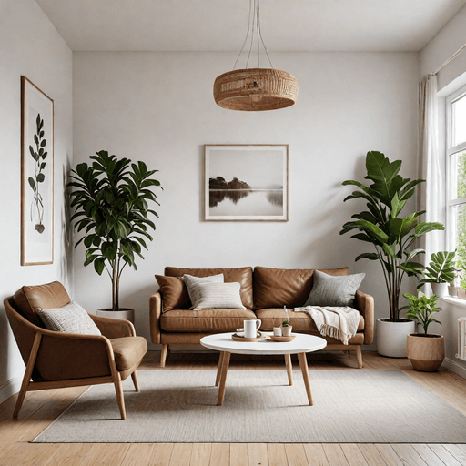 Bright Scandinavian living room with casual brown loveseat and white decor