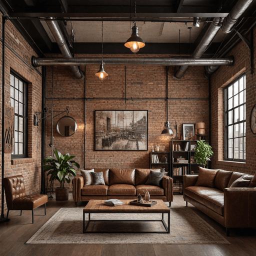 Industrial loft living room with brown leather couch and metal accent furniture