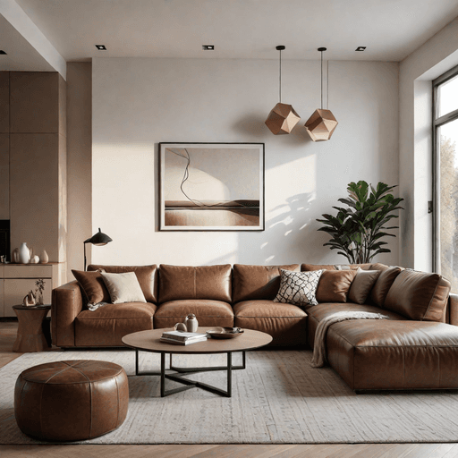 Modern minimalist living room with clean-lined brown sectional sofa