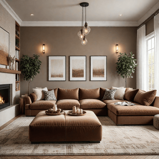 Cozy family room with large brown sectional sofa and comfortable throw pillows