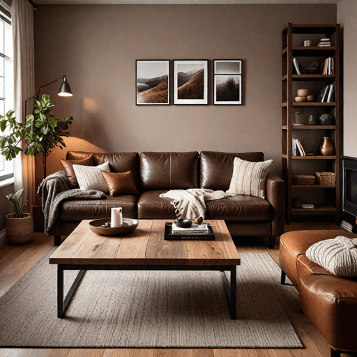Cozy living room with rich brown leather sectional and warm wood accents