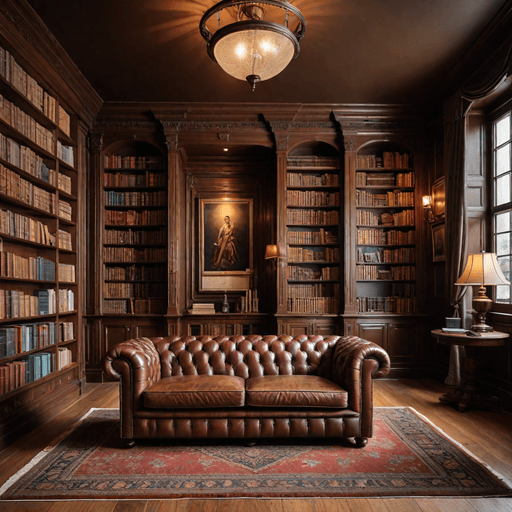 Elegant traditional library with brown Chesterfield sofa and built-in bookshelves