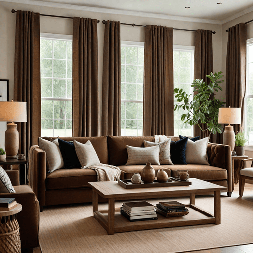Transitional living room featuring brown sofa with mixed textures and neutral decor