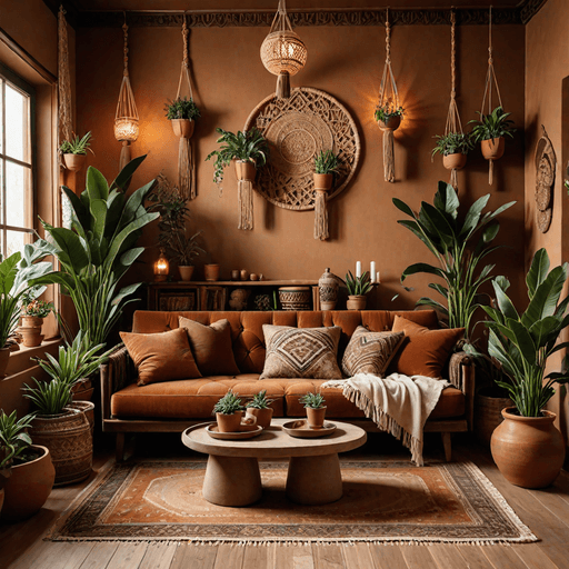 Bohemian living room featuring plush brown velvet sofa with earthy decor