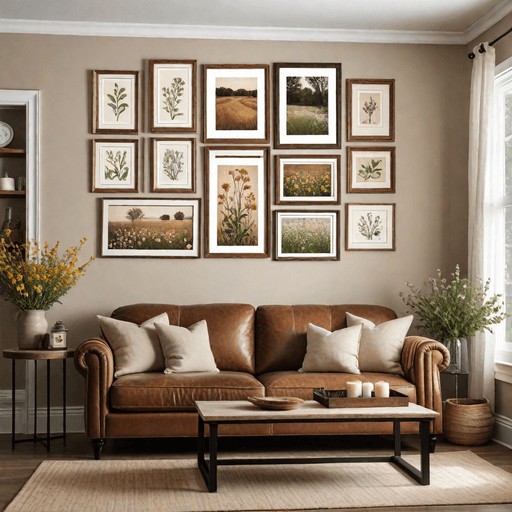 Caramel brown loveseat beneath farmhouse style gallery wall