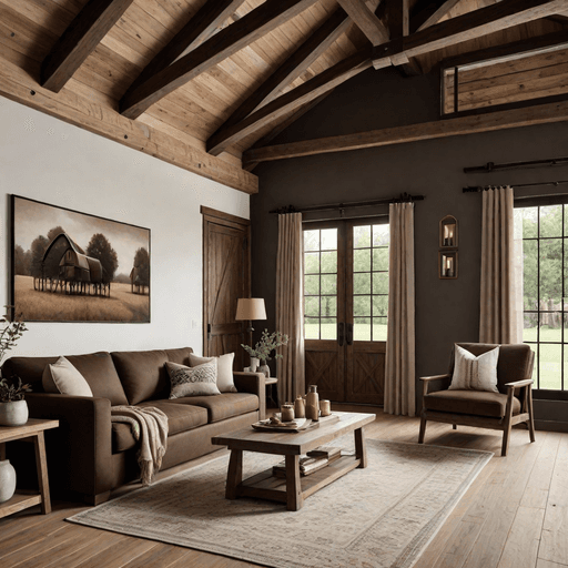 Chocolate brown sofa in farmhouse living room with sliding barn doors