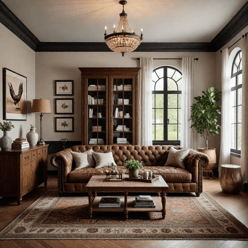 Coffee brown Chesterfield sofa in farmhouse living room with chicken wire cabinet doors
