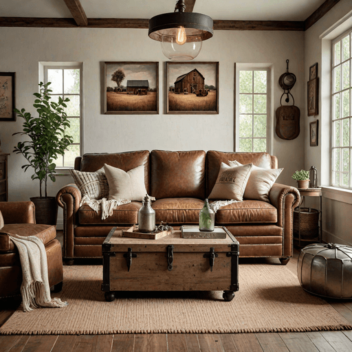 Distressed brown leather couch under mason jar pendant lights in farmhouse living room