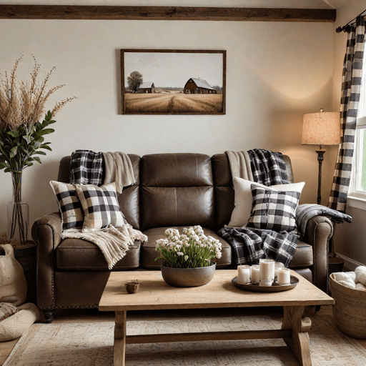 Espresso brown sleeper sofa decorated with cotton boll stems and farmhouse textiles