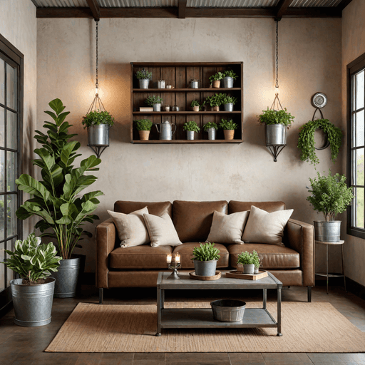 Mocha brown loveseat paired with galvanized metal planters and farmhouse accessories