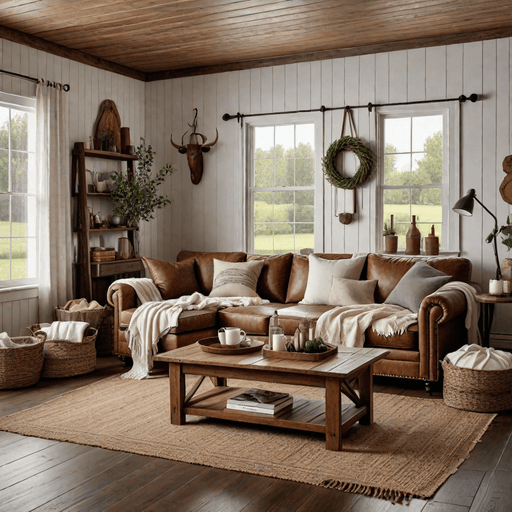 Rustic leather sectional in farmhouse living room with shiplap walls