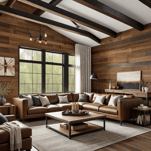 Saddle brown sectional sofa in farmhouse living room with reclaimed wood wall treatment and coffee table