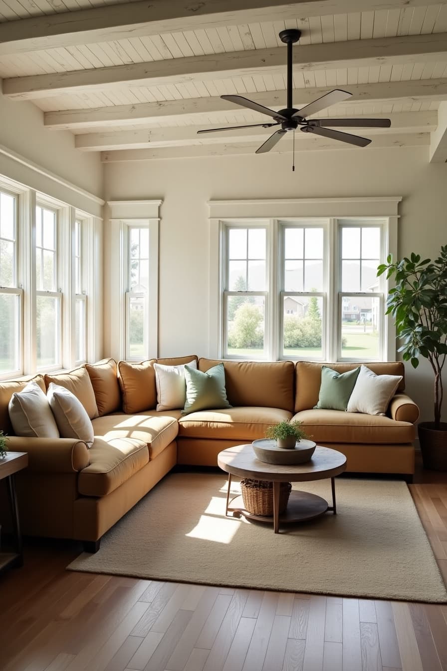 Tan brown sectional sofa in living room with whitewashed wooden ceiling beams