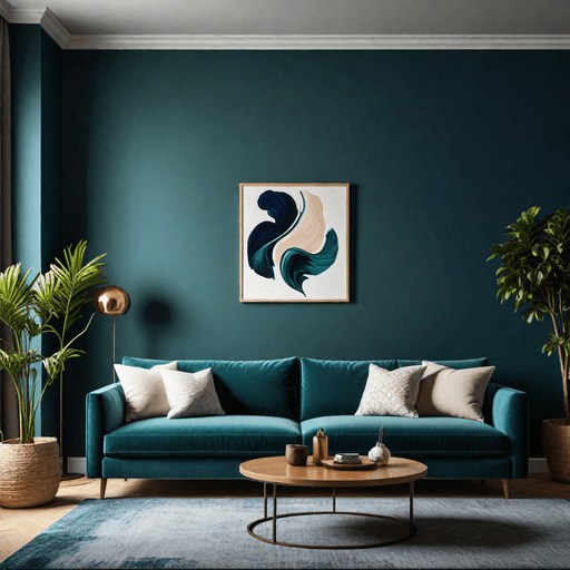 Living room with bold painted accent wall behind the sofa