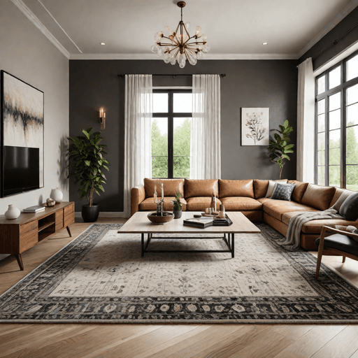 Living room with large area rug defining the seating area