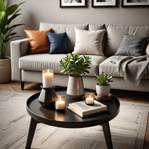 Beautifully styled coffee table with books, plants, and decorative objects