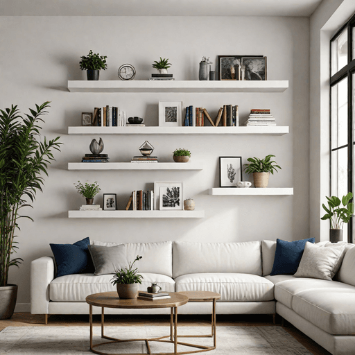 Floating shelves with decorative objects and books in living room
