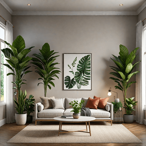 Living room filled with various indoor plants and greenery