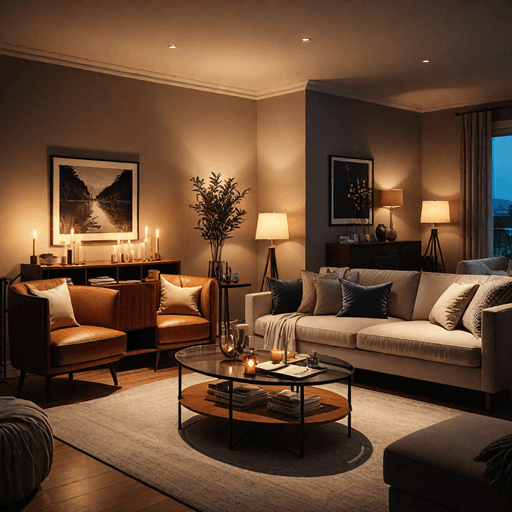 Living room with multiple light sources including floor lamps and table lamps