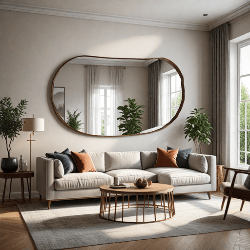 Large decorative mirror reflecting light in a living room