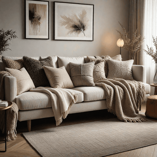 Sofa with various textured throw pillows and cozy blankets