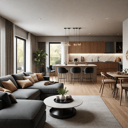 Small living room with integrated dining area featuring space-saving table and chairs