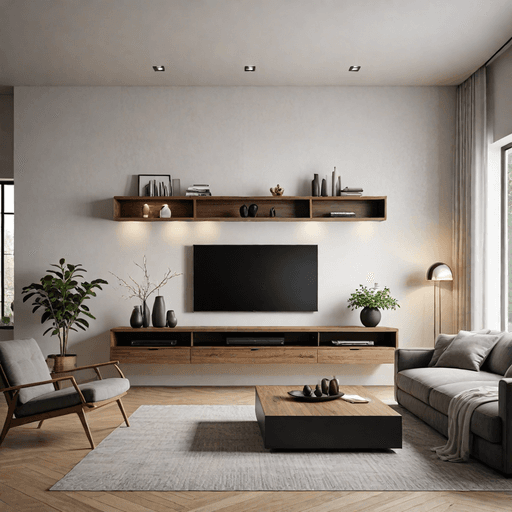 Modern living room with wall-mounted floating TV console and shelving