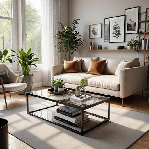 Small living room featuring transparent glass coffee table with decorative styling