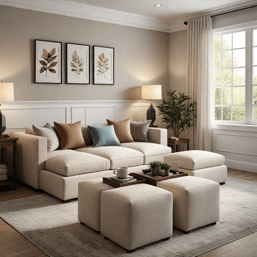 Small living room with stylish storage ottomans serving as coffee table and seating