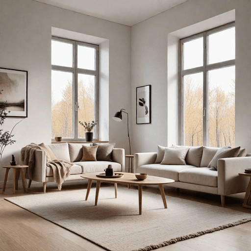 Scandinavian minimalist living room with light wood furniture