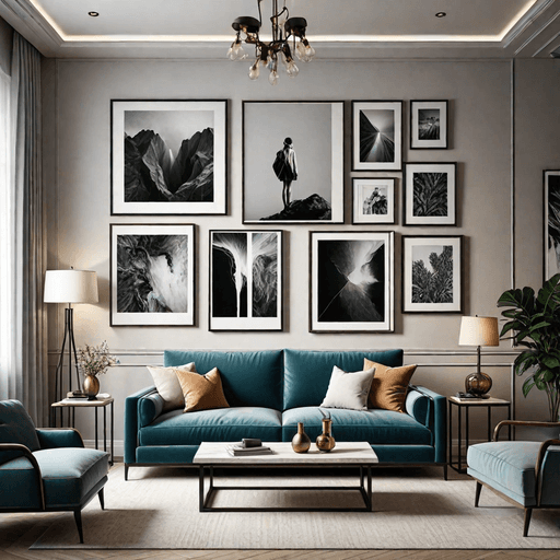 Small living room with dramatic vertical gallery wall reaching to ceiling