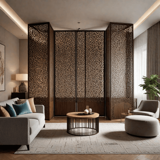 Decorative artistic panel screen divider featuring geometric patterns in living room