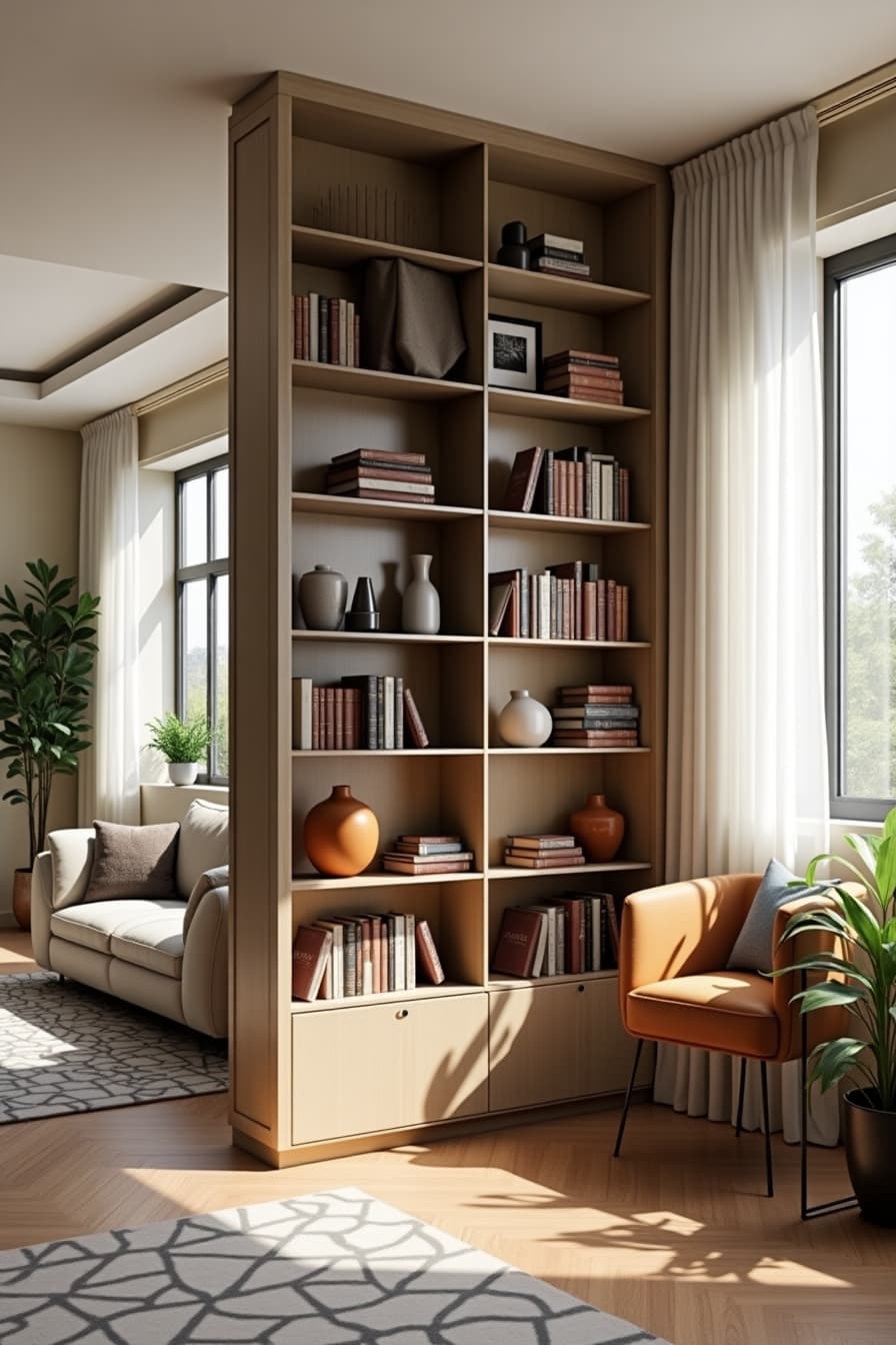 Modern living room with tall bookshelf serving as room divider
