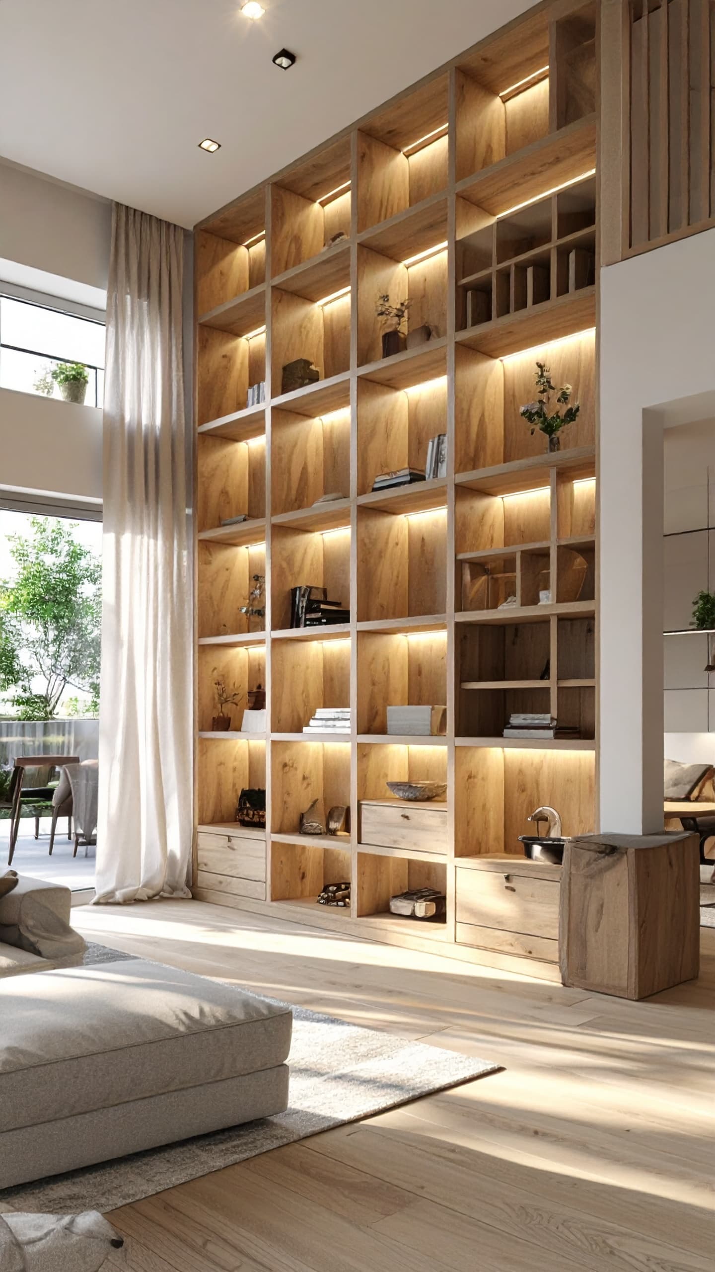 Custom built-in storage unit serving as room divider in living space