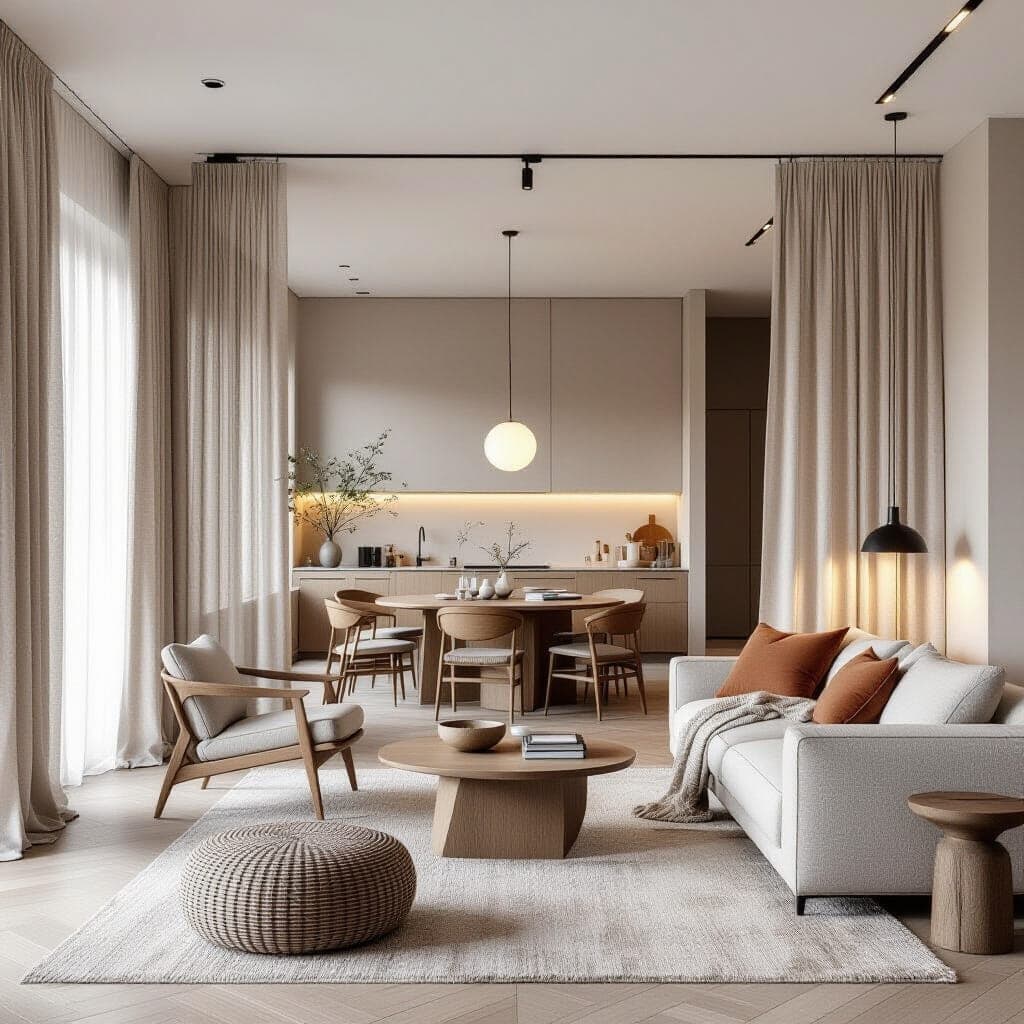 Living room with elegant curtain divider separating spaces