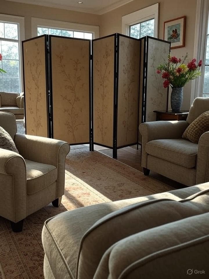 Stylish folding screen divider in contemporary living room setting