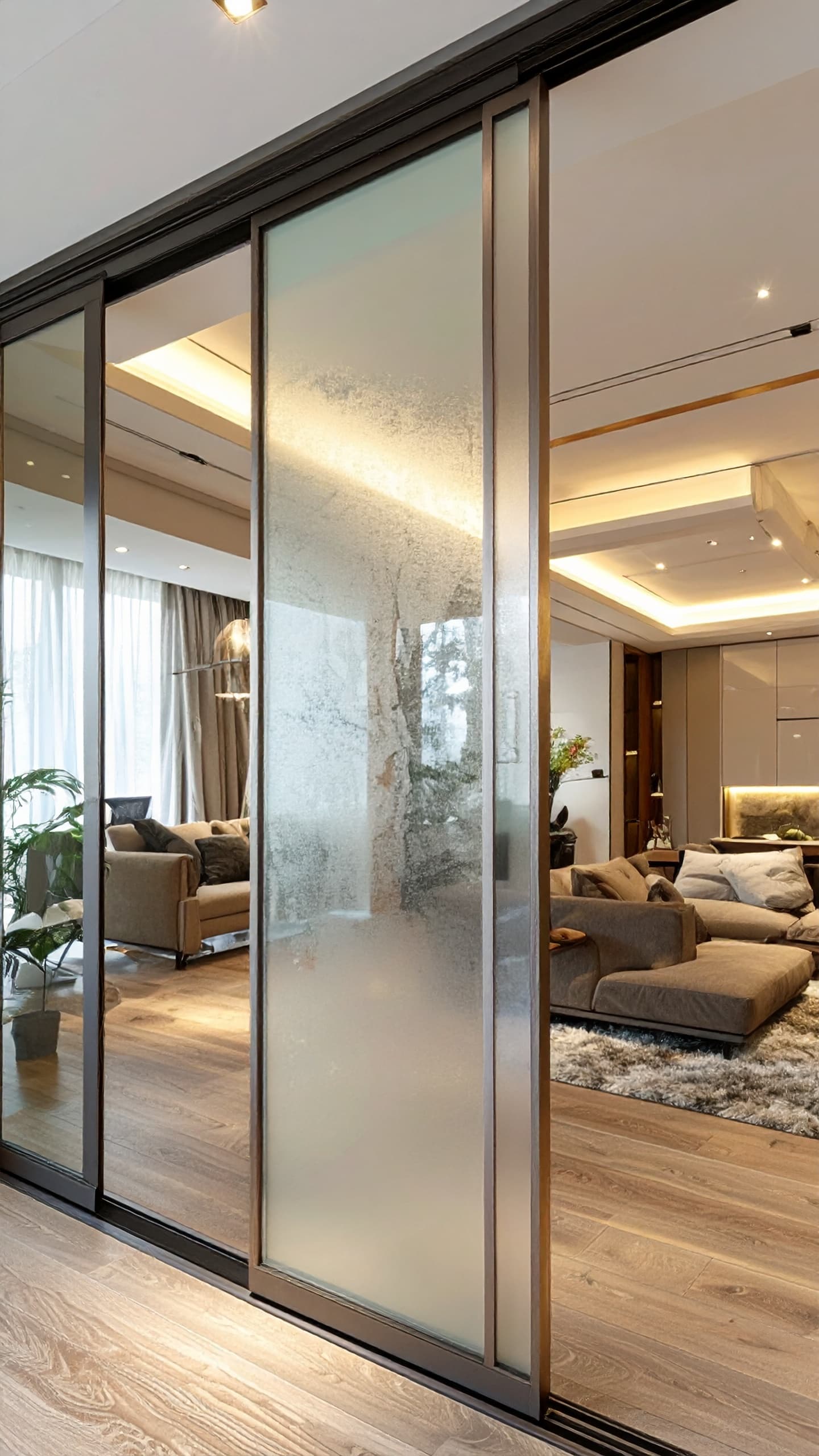 Elegant glass panel room divider in bright contemporary living room