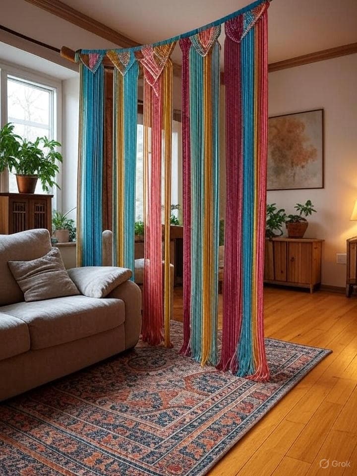 Creative hanging macrame room divider in bohemian living room